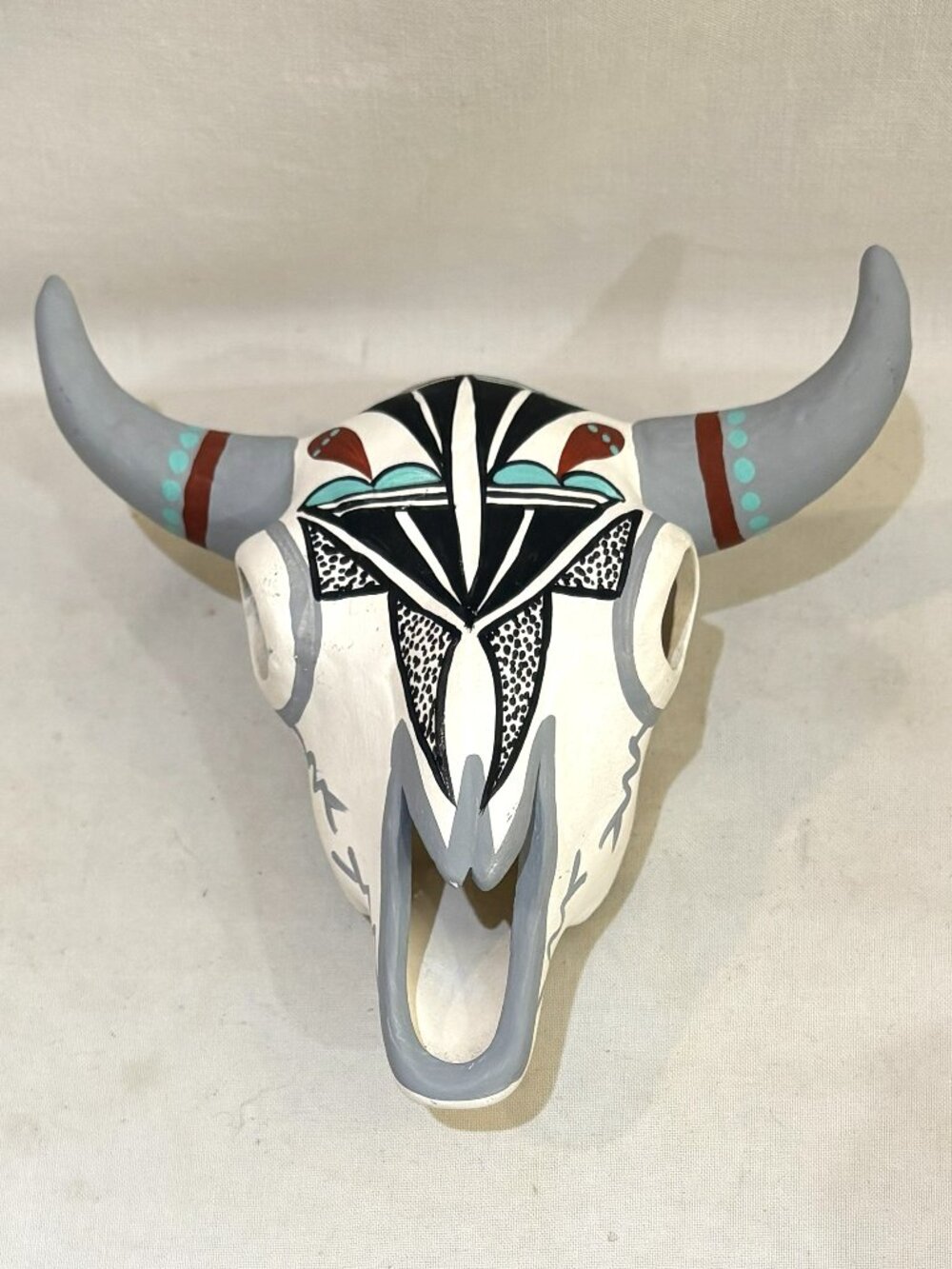 Southwest Native American Pottery Steer Skull Hand Painted Artist Signed